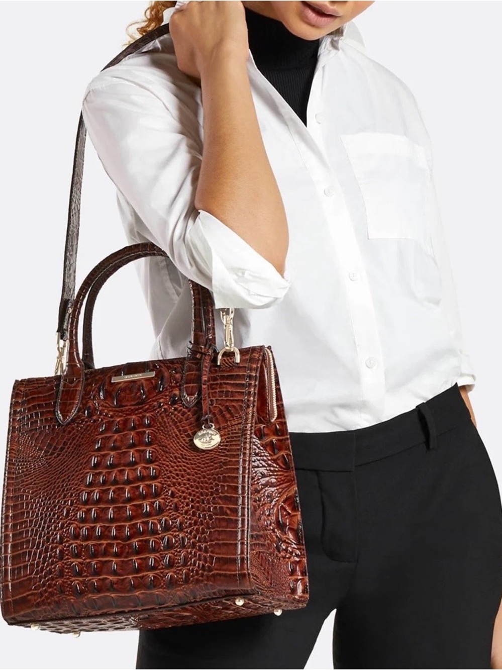 Brahmin Caroline Pecan Croc-Embossed Leather Satchel Bag Wallet Set